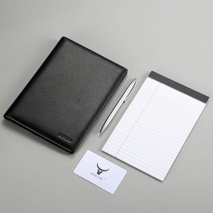 Leather Junior Padfolio for Men & Women with Pen Loop, Italian Calfskin, Business Portfolio Notebook Folder (Pebbled Black)