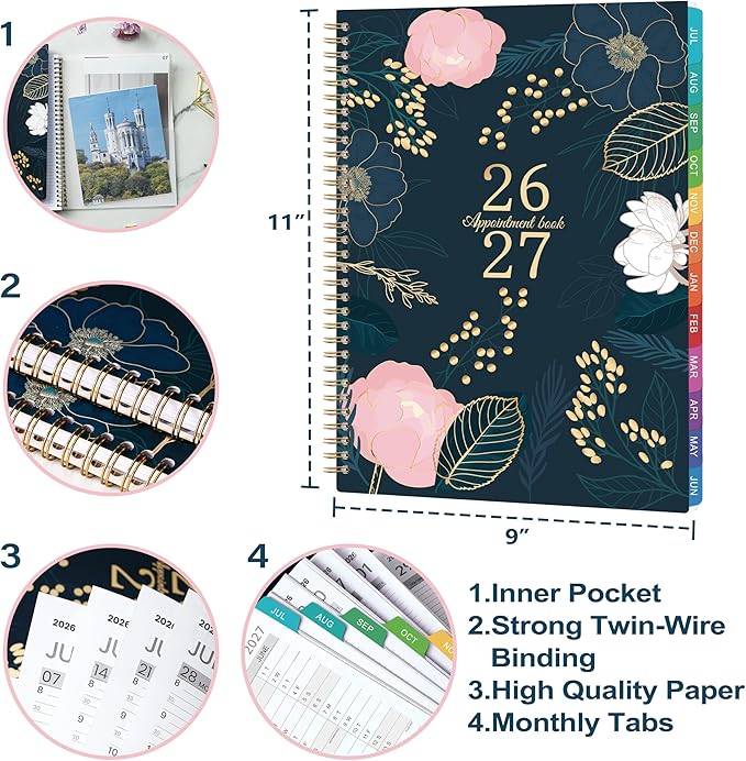 2026-2027 Appointment Book - July 2026 - June 2027, Weekly Appointment Book 2026-2027, 9"x11", Hourly Planner with 30-Minute Interval, Colorful Monthly Tabs, Back Pocket