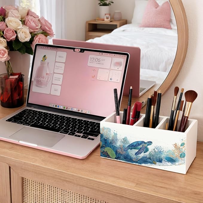Sea Turtle Desk Organizer Wooden Pen Pencil Holder for Desk, 3 Compartments Ocean Themed Accessories, Coastal Turtle Lover Decor for Home Office Table Storage