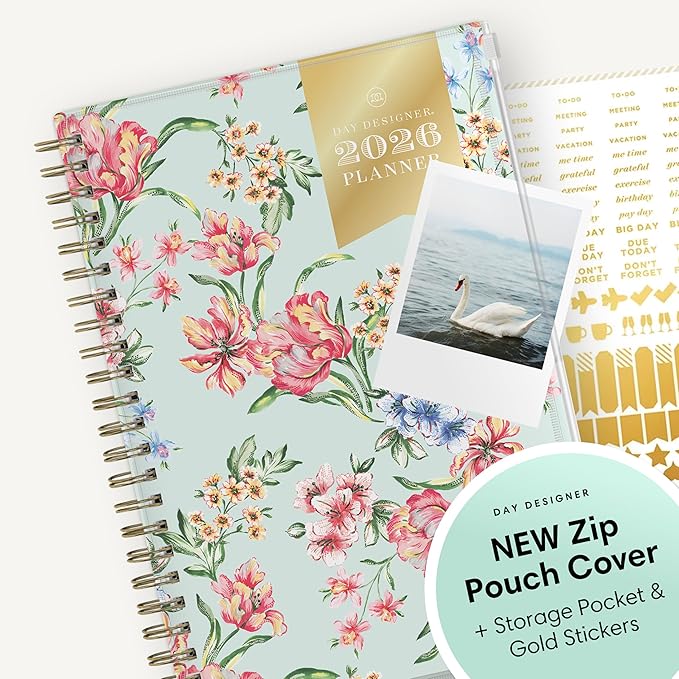 Blue Sky Day Designer 2026 Weekly and Monthly Planner Calendar, January 2026 - December 2026, 5" x 8", Flexible Cover With Zip Pouch, Durable Twin Wire Binding, Storage Pocket, Includes Stickers, Tulip Garden Mint