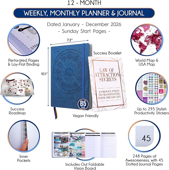 Deluxe 2026 Planner Weekly and Monthly | Law of Attraction Planner with Productivity App | 12-Month for Productivity, Gratitude & Goal Setting | Includes Foldable Vision Board, Gift Box & Stickers