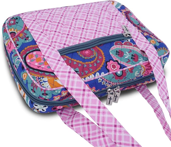 DIWI Quilted Cotton Bible Cover Bible Tote Book Case Large Sizes 10 X 7 X 2.75 Inches (L, C2 Pink Blue)