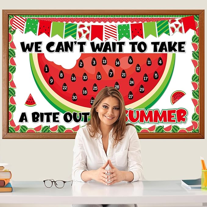 Summer Watermelon Countdown Bulletin Board Set Hello Welcome Summer Classroom Decoration Back to School Bulletin Board Colorful Wall Sticker Peel and Stick Cutouts for Classroom Chalkboard Wall Decor