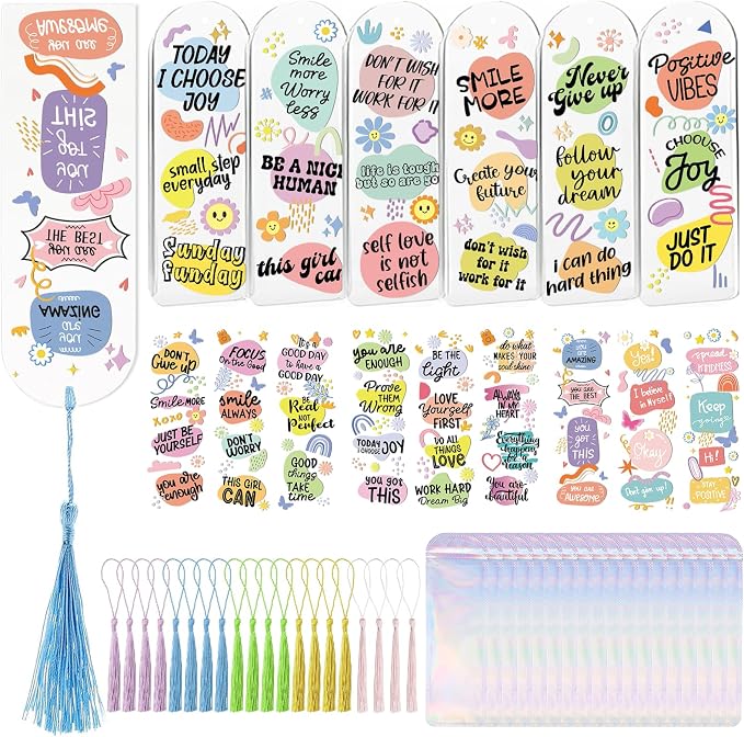 Dazoratix Inspirational Bookmark Making Kit - 60 PCs Boho Motivational Clear Acrylic Bookmarks Blanks Colorful UV DTF Stickers DIY Craft Transparent Book Marks with Tassels for Reading Lover Kids Gift