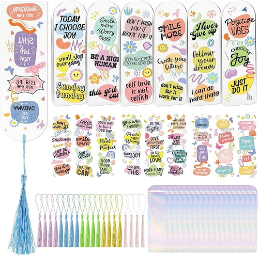 Dazoratix Inspirational Bookmark Making Kit - 60 PCs Boho Motivational Clear Acrylic Bookmarks Blanks Colorful UV DTF Stickers DIY Craft Transparent Book Marks with Tassels for Reading Lover Kids Gift