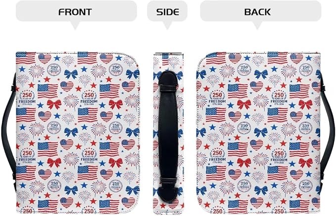 Bible Cover for Women, 250 Year American Flag Carrying Religious Scripture Organizer Bag Zipper and Pockets PU Leather Bible Holder Patriotism Gifts for Women