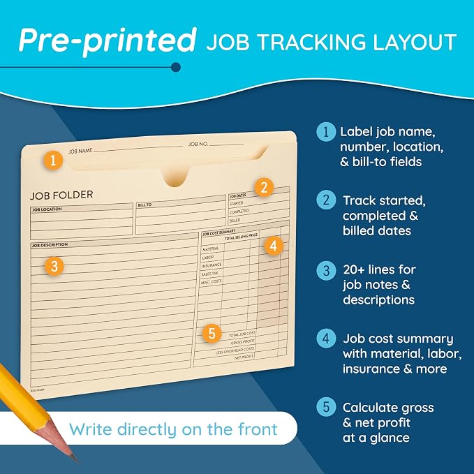100 Blue Summit Supplies Job Folders Construction, 10 x 12 Inches, Project Folders with Preprinting for Job Tracking, Manila Job Folders File Jacket – 100 Folders