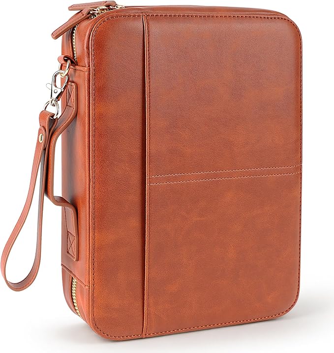 Bible Cover for Men, PU Leather Bible Case with Top Handle and Detachable Wristlet Strap, Classic Organizer Bag for Standard Size Bible up to 10.5 x 7.5 x 2 Inches, Brown