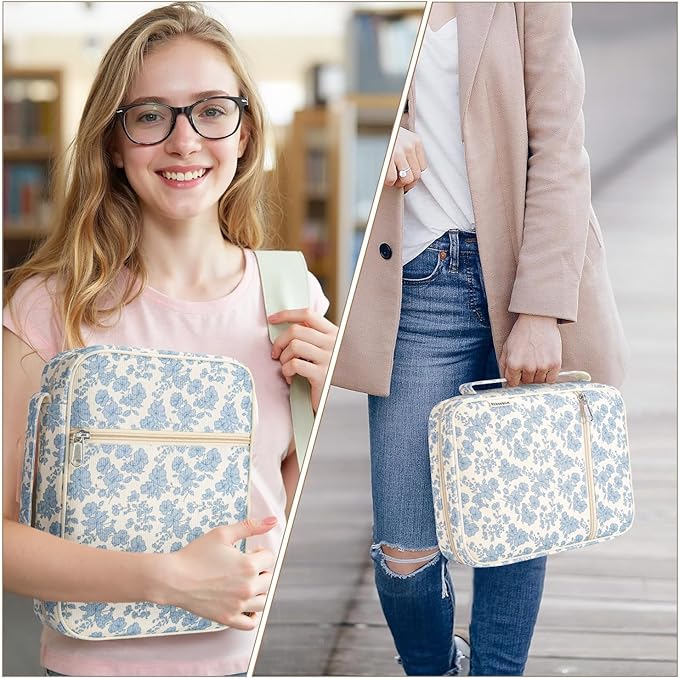 WOBAGMEN Bible Cover Case for Women,Cordoury Bible Cover with Handle,Blue Floral Bible Book Cover,Carrying Case Bible Protective Christian Gift(Cute Blue Floral, L)