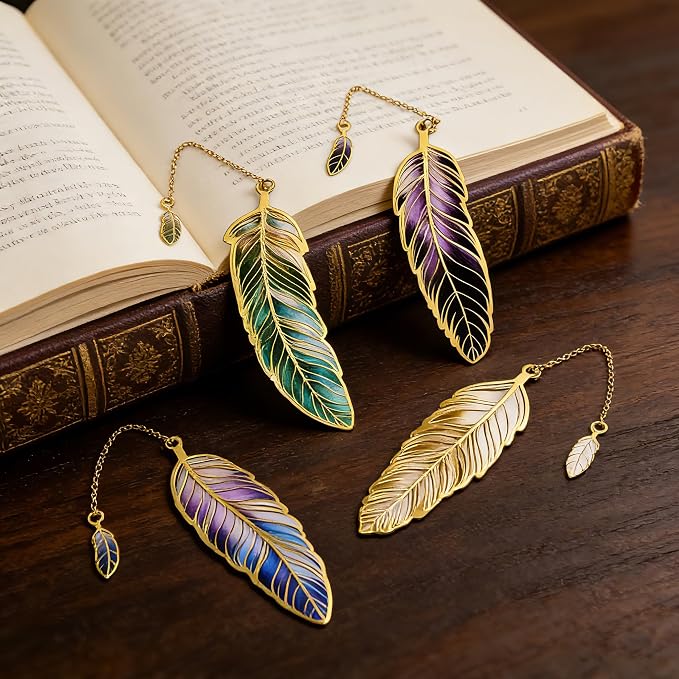 4Pcs Fantasy Feather Bookmarks for Books, Metal Bookmark with Chain, Unique Reading Accessories for Women Book Lovers, Teachers, Students