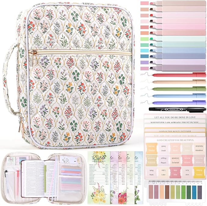 XKDOUS Bible Bag for Women Large Bible Cover Case Kit with Handle, Tabs, Study Supplies Journaling Kit Church Book Holder Quilted Carrying Case Christian Gifts for Lady Friends