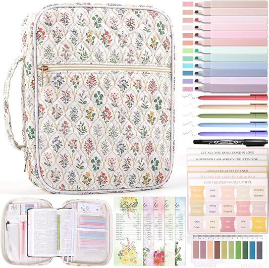 XKDOUS Bible Bag for Women Large Bible Cover Case Kit with Handle, Tabs, Study Supplies Journaling Kit Church Book Holder Quilted Carrying Case Christian Gifts for Lady Friends