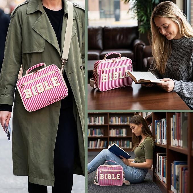 Dansydaisy Bible Cover Case for Women Large Chenille Letter Stripe Church Bible Bag with Shoulder Strap for Women(Rose Red)