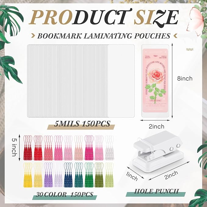 Fuyoooo 301 Pcs DIY Bookmark Making Kit 150 Bookmark Laminating Pouches 5 Mil Hot Laminator Sleeves with 150 Rainbow Tassels and Puncher Fit Most Pouch Laminating Machines(2.36 x 8.5 Inches)