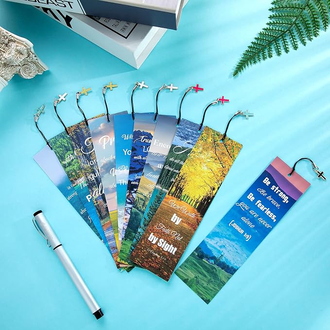 Tenare 20 Pcs Christian Bible Bookmarks for Women, Inspirational Verses Bookmarks with Cross Pendants, Religious Gifts for Women Men Reading Lovers(Scenery Style)