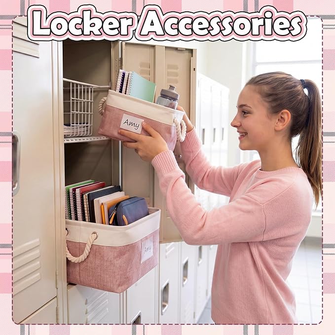 Gerrii 2 Pcs Locker Accessories Kit Pink Locker Organizers Storage Bin with PVC Label Fabric Basket Back to School Essentials Sturdy Cube Storage Bin for Back to School Cabinet Organizer Decor