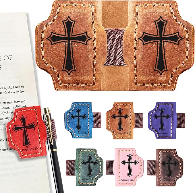 Personalized Magnetic Bookmark with Pen Holder, Bible Verse Scripture Design, Custom Leather Bookmark Bible Study Supplies for Women Men, Christian, Book Lovers Gifts (Brown, Cross)