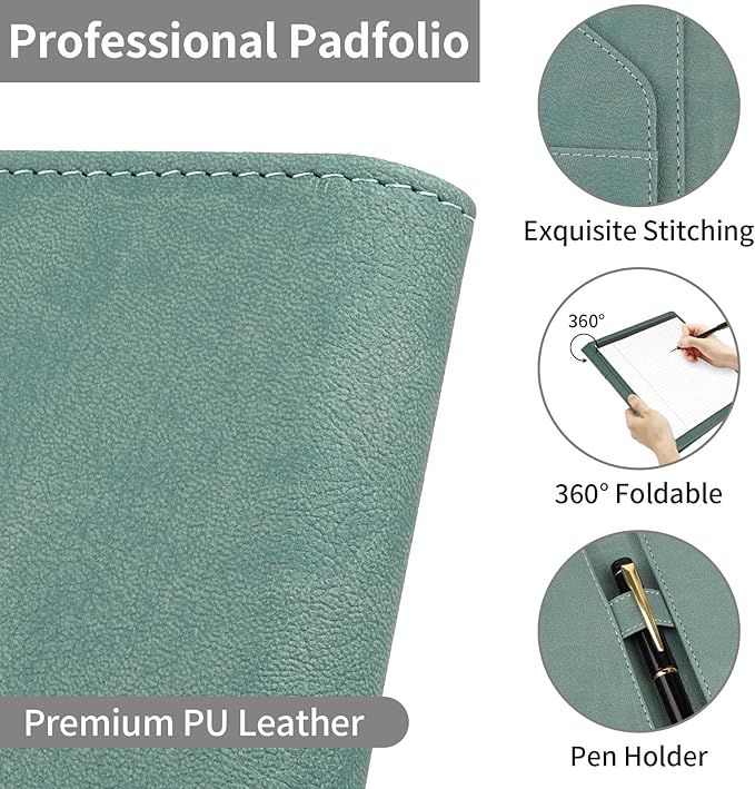 MOWPOG Professional Padfolio Portfolio Binder, Faux Leather Interview Resume Folder, Letter Size A4 Legal Writing Pad Holder, Document Organizer for Business School Office Conference (Green)