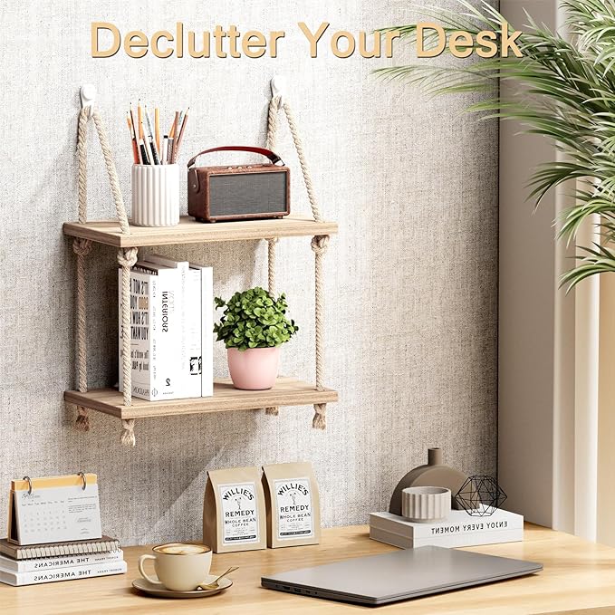 2 Tier Cubicle Shelf for Walls, 11.8" Wooden Hanging Wall Shelf with Hooks & Cotton Rope, Boho Style Office Cubicle Accessories for Work, Desk Wall Storage Organizer for Office Decor