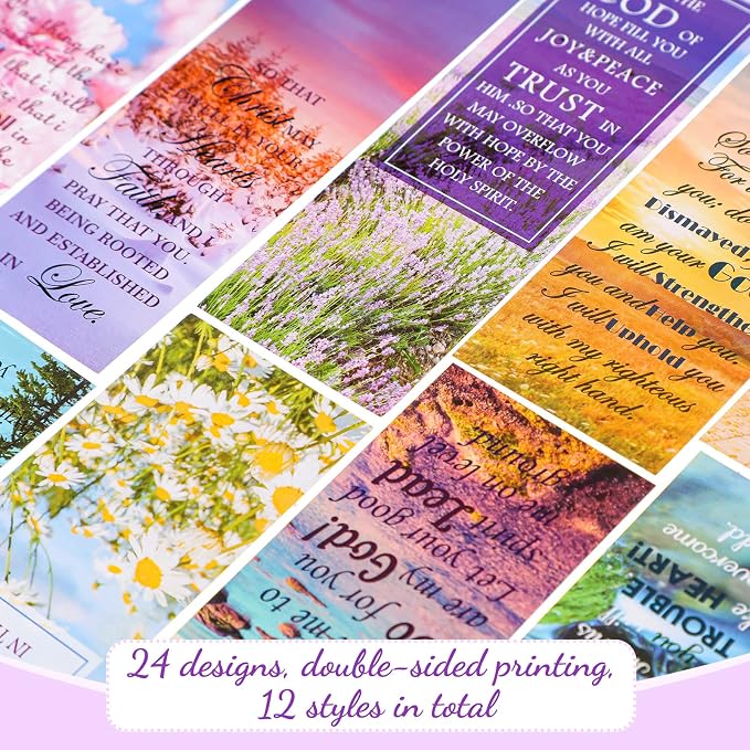 Spakon 120 Pcs Landscape Bible Verse Inspirational Bookmarks Scripture Christian Motivational Bookmarks Encouragement Verse Page Marker with Colorful Ribbons Gifts for Women Men Church Office Supplies