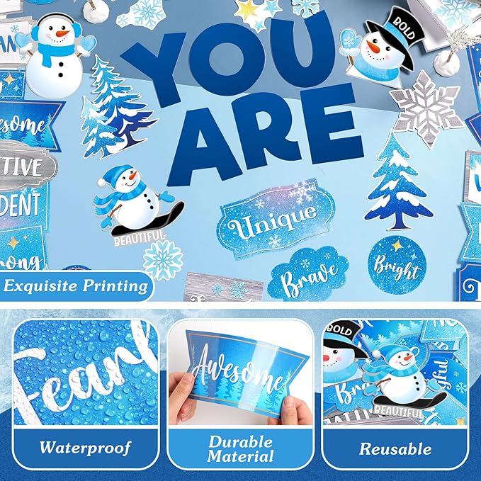45pcs Winter Affirmation Station Bulletin Board Set Motivational Posters Classroom Mirror Growth Mindset Decor Positive Affirmations Accents Cutouts for School Office Home Teacher Wall Supply