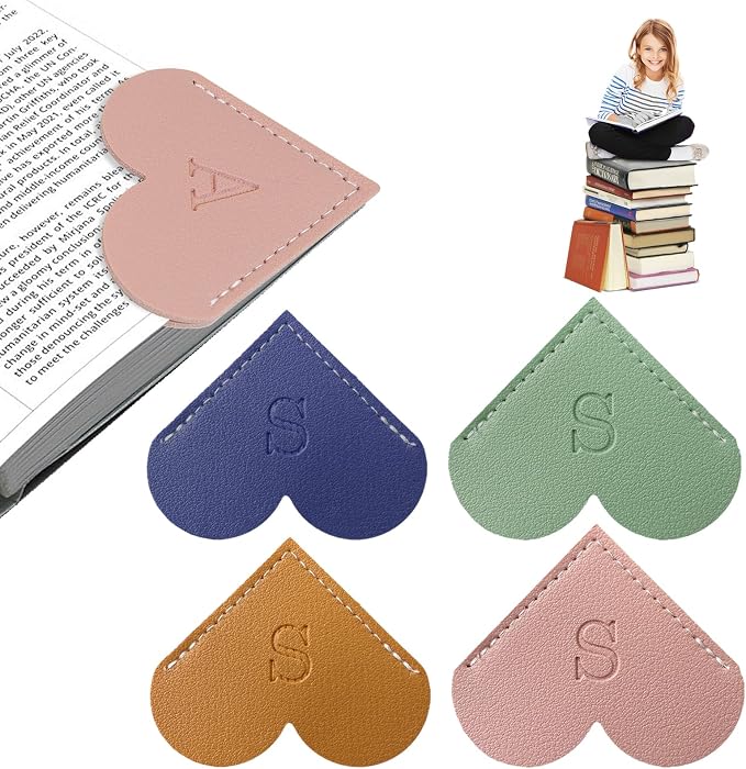 4Pcs Personalized Leather Heart Bookmark With Initial, 26 Letters Custom Corner Page Book Mark For Reading Women, Book Lovers, Teachers, Students, Cute Book Accessories(Blue+Green+Light Brown+Pink, S)