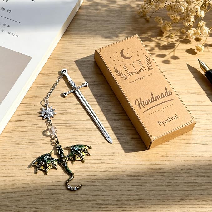 Vintage Green Dragon Bookmark with Sword and Fourth Wing Tassel Metal Pendant, Bookmarks for Reading Women, Men, Book Lovers, Teachers and Students, Christmas Birthday Gifts