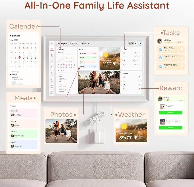 Ingnok 15.6 Inch Digital Calendar, No Subscription Electronic Calendar Touchscreen for Family Schedules, Personal Planner, Chore Chart, Reminders, 32GB, Wi-Fi, Wall & Desk Mount