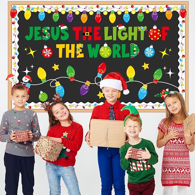 Christmas Bulletin Board Decorations Christian Jesus The Light of The World Paper Cutouts Bible Verse Colorful Light Bulb Bulletin Board Set for Xmas Winter Sunday School Church Wall Decoration Favor