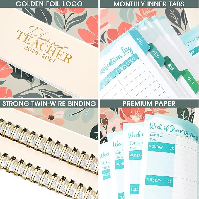 Teacher Planner 2026-2027 - 2026-2027 Teacher Planner, Weekly & Monthly Lesson Planner, July 2026 - June 2027, 8.5" x 11", Colorful Monthly Tabs, Twin-Wire Binding, Back Pocket