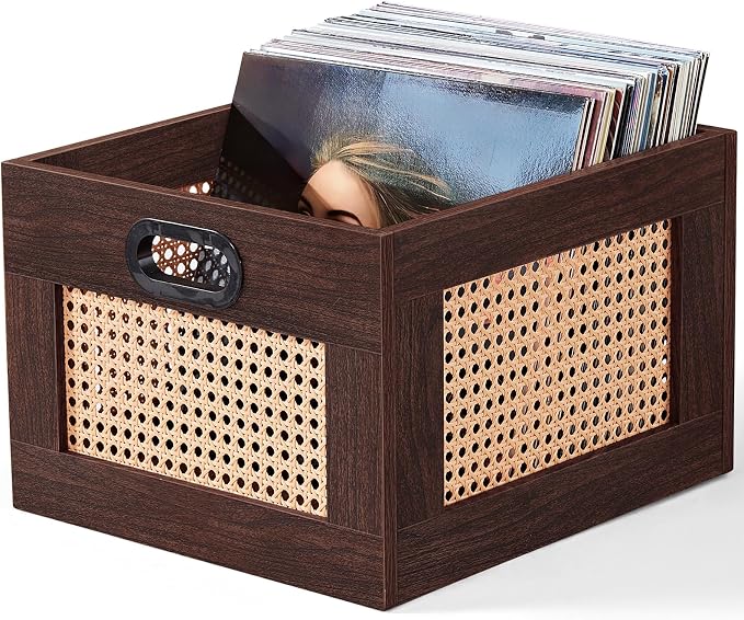 LELELINKY Vinyl Record Storage Crate, Rattan Vinyl Record Holder with Handle, Wood Record Crate for Vinyls Holder up to 75 LP's, Desktop Cube Album Storage for Vinyls Records(Walnut)