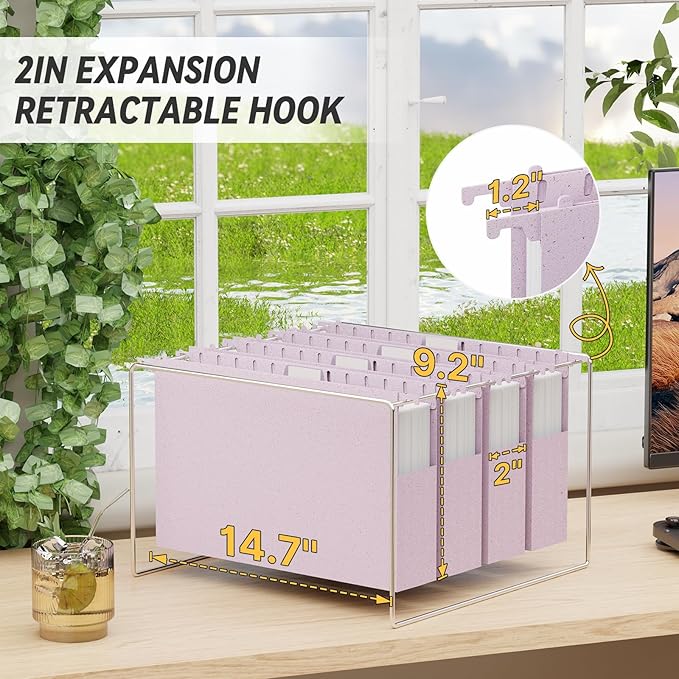XINGIA Extra Capacity Wheat Straw Legal Size Hanging File Folders, 2" Expansion Heavy Duty File Organizer with Tabs,12 Pack Plastic Filing Cabinet Folders,Hang Folder for Bulky Files(Morandi Purple)