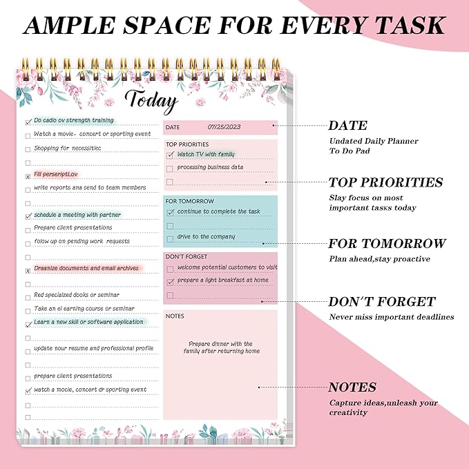 To Do List Notepad - Daily Planner Notepad 104 Pages Task Planner, 6.7" x 9.8" Double Sided Spiral Notebook with Checklist Productivity Planning Pad for Work Office Home-Pink
