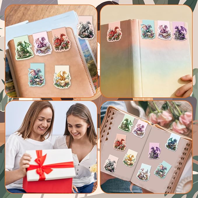 Fantasy Dragon Magnetic Bookmarks Gifts - Cosmisun 9 Pcs Dragon Flower Bookmark for Reader Cool Animal Book Marks Magnets Page Markers Clip Gifts for Women Men Student Teacher Book Lovers