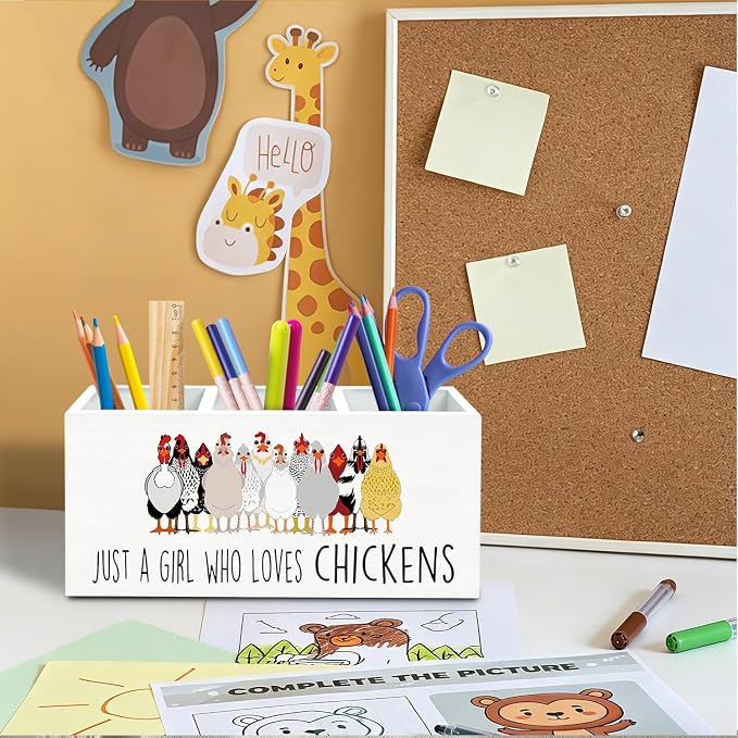 Just a Girl Who Loves Chickens Pen Holder for Desk, Chicken Lover Mom Lady Gifts Pencil Organizer, Funny Farm Rooster Hen Wooden Box Sign Desk Decor for Home Office Decoration