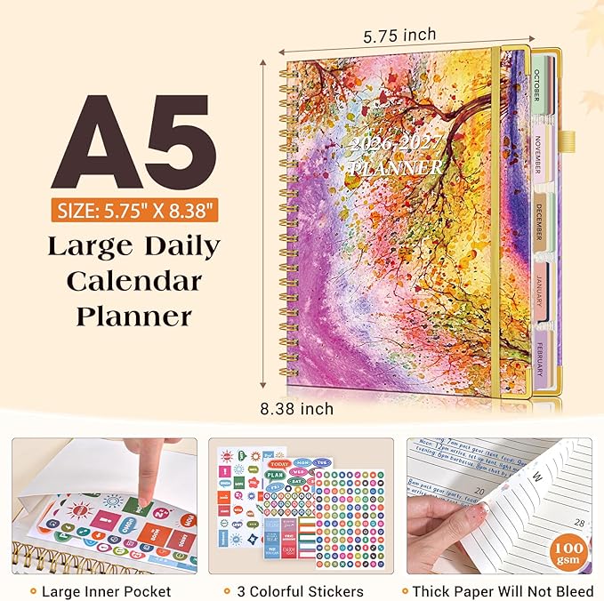 Planner 2026-2027, 18 Months Weekly and Monthly Daily Planner from January 2026 - June 2027, 5.75" x 8.38" A5 Hardcover Agenda Organizer Book 2026 with Tabs, Spiral Yearly Calendar Planners for School Work Home, Autumn Tree
