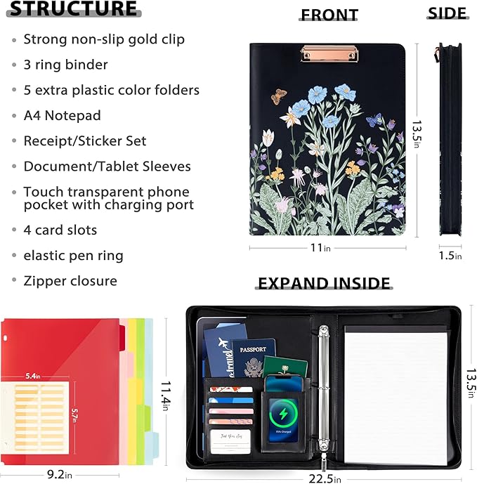 Ospelelf Leather Clipboard with Storage, Zippered Padfolio Portfolio Organizer, 3 Ring Binder 1 Inch, Notepad, Tablet Sleeve, 5 Dividers with Pocket for Office,Students, Teachers Night Flowers