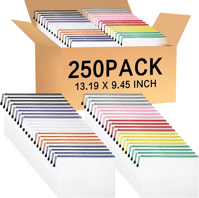 Zhehao 250 Pcs Mesh Zipper Pouch Bags Bulk A4 13.19 x 9.45 Inch Zipper Pouch Waterproof Clear Pencil File Storage Bags Organizer for Teacher School Organization Supplies(Colorful)