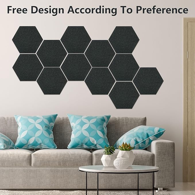 Vienrose Hexagon Felt Bulletin Board Self Adhesive Pin Board Wall Decoration Tiles with 35 Push Pins for Office Home and School, Black 12 Pack