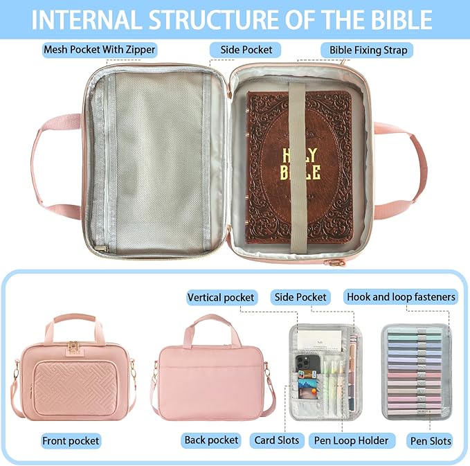 Bible Cover for Women Bible Case, Large Bible Bag, Bible Study Supplies Bible Journaling Kit Book Carrying Case with Bible Highlighters Tabs, Valentines Day Christian Gifts for Women (Pink)