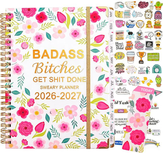 Badass Bitches Get Shit Done Sweary A5 Planner 2026-2027 - 6.2*8.5" Weekly Monthly You Are A Badass Calendar for Women, Fuck It Swear Daily Notebook Goals Productivity Journal Affirmations Gift, White