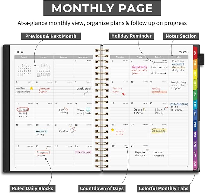 EMSHOI 2026-2027 Appointment Book, A4 15-Minute Hourly Planner, July 2026 - June 2027, Academic Planner Weekly and Monthly, 100GSM Thick Paper, Flexible Cover, Note Pages, Colorful Tabs, Black