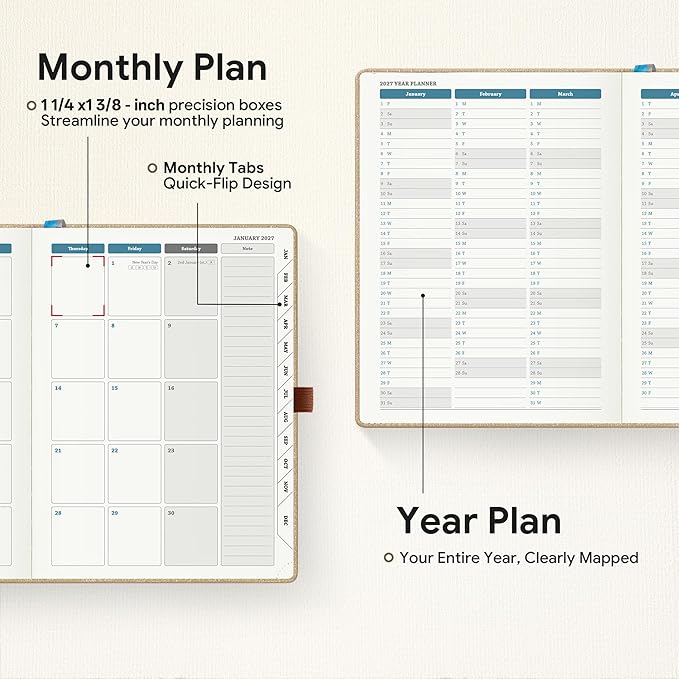 Planner 2026-2027 Weekly & Monthly Planner, 18 Month Academic Calendar July 2026 – Dec 2027, Horizontal Layout with Monthly Tabs, Textured Fabric Hardcover, Khaki