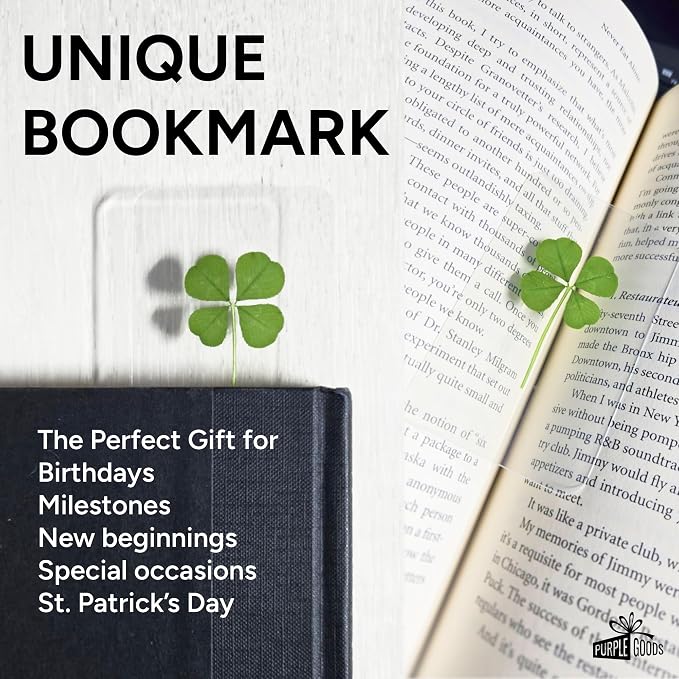 Real Four Leaf Clover Good Luck Charm - Bookmark Gift for Book Lovers - 4 Leaf Clover Symbolizing Hope, Faith, Love & Luck - Waterproof Lamination for Long Lasting Luck - Purple Case - 3.37" x 2.13"