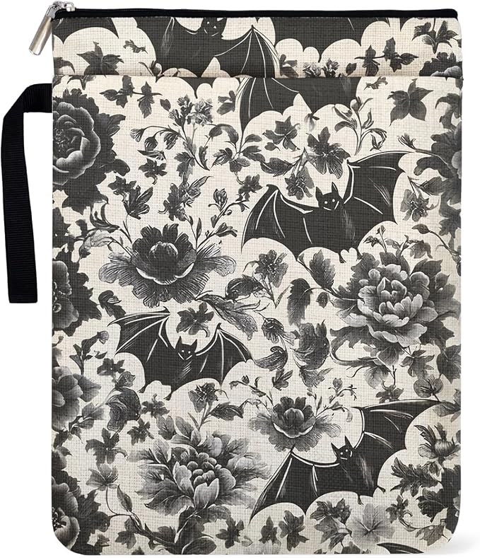 Goth Bat Rose Pattern Book Sleeve for Book Lovers with Zipper and Handle, Dark Aesthetics Theme Paperback Sleeve for Women, Bookish Group Club Halloween Gifts for Librarian