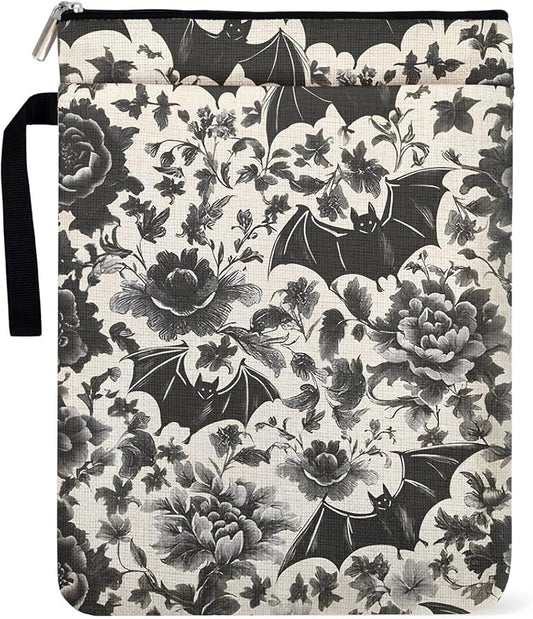 Goth Bat Rose Pattern Book Sleeve for Book Lovers with Zipper and Handle, Dark Aesthetics Theme Paperback Sleeve for Women, Bookish Group Club Halloween Gifts for Librarian
