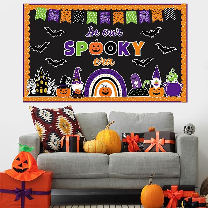 ojustbeok Halloween Bulletin Board Rainbow Pumpkin Ghost Decorations Bat Castle Paper Cutouts in Our Spooky Era Bulletin Board for Halloween Holiday School Chalkboard Wall Decor