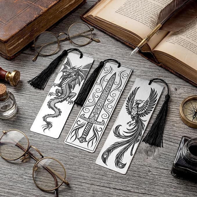 Resurhang Set of 3 Stainless Steel Bookmarks 5.9 x 1.6 Inches Featuring Dragon Phoenix and Sword Fantasy Metal Bookmark Book Accessories for Men Women Friends Book Lovers Birthday Graduation Gift