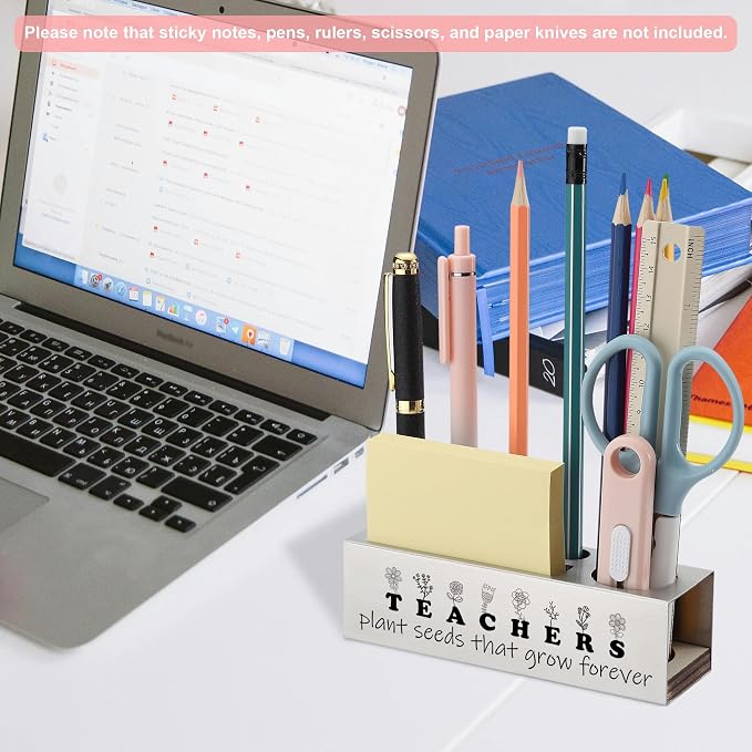 Stainless Steel Pencil Holder with Teacher Quote, Thank You Gift for Women Men Educators, Desk Organizer for Pens Sticky Notes Rulers, Inspirational Classroom Office Decor from Student - FBA394