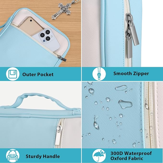 GERMUN Bible Cover with Durable Handle, Carrying Book Case Church Bag Bible, Protective with Zippered Pocket, Bible Accessories Supplies, Book Protector for Book Lovers, WhiteBlue